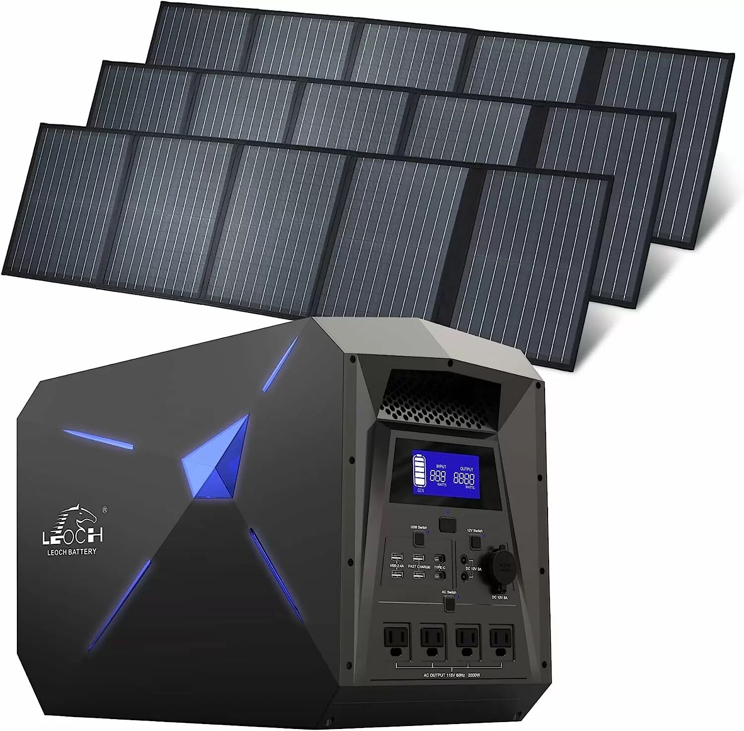 LEOCH Solar Power Station 2000W, 2048Wh LiFePO4 Portable Power Station with 3pcs 100W Solar Panels included, 4x110V/2000W AC Outlets, UPS Power Backup for Power Outages, Outdoors Camping, RV Travel